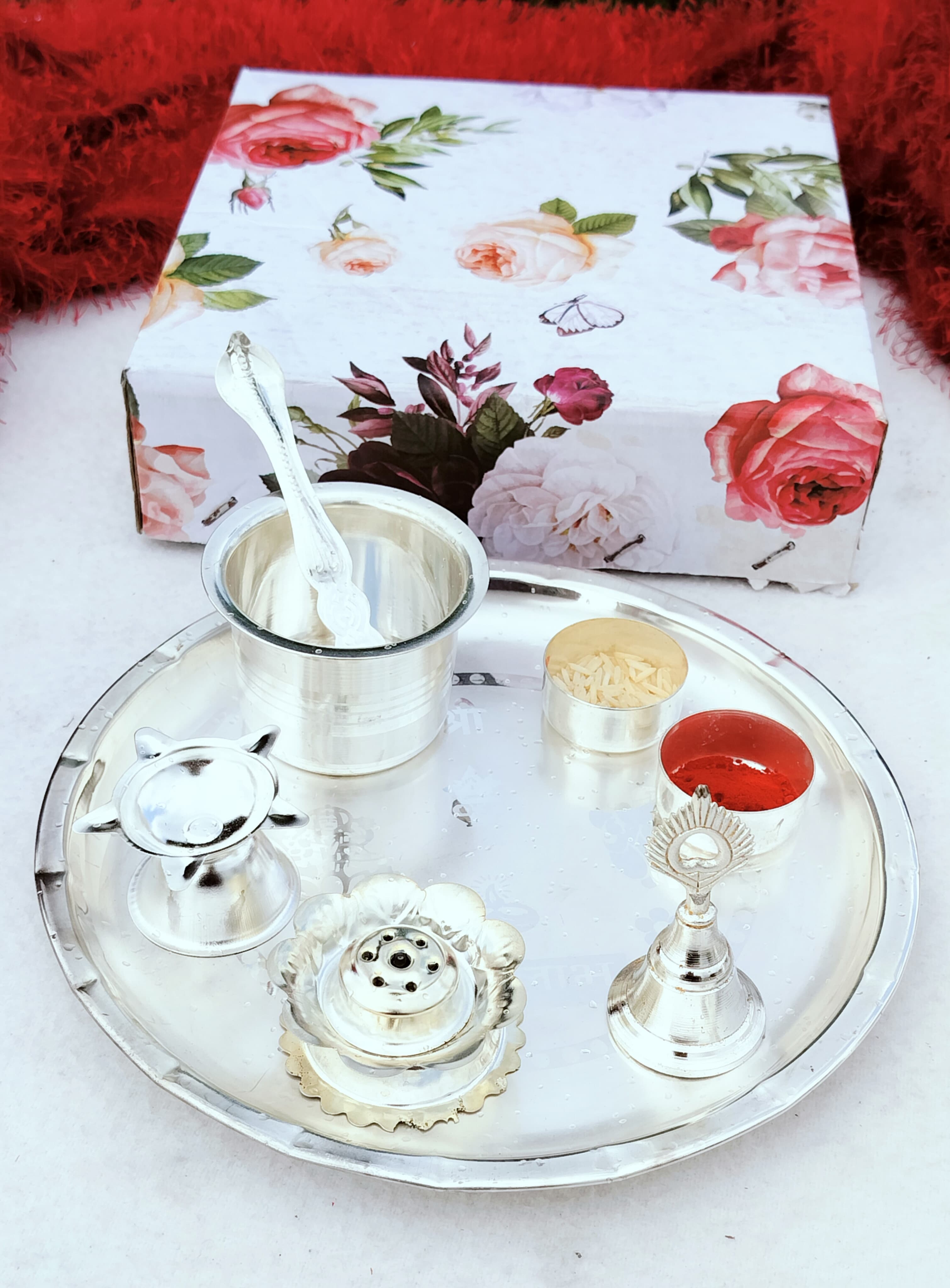 german silver small pooja thali set for diwali/ housewarming/ gift item